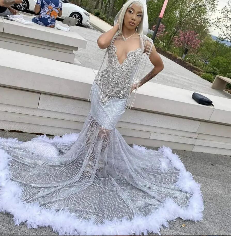 Sparkle Black Girl Prom Dress With Feather Luxury Beaded Mermaid Aso Ebi Evening Gowns 2023 Tassel Silver Sequin Birthday Party Dresses Birthday Sixte