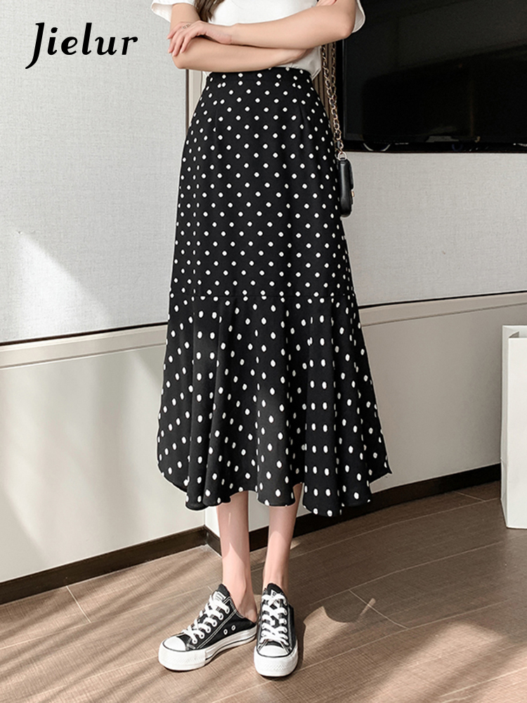 Skirts Jielur Summer Dot Trumpet Women's Elastic Waist Slim Chiffon Elegant Female Midi Skirt Slight Stretch Casual Streetwear 230420