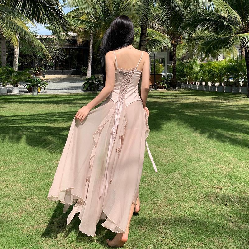 Casual Dresses Women Summer Bandage Backless Chiffon Beach Dress Fashion Sleeveless Spaghetti Strap Long Dress Korean Elegant Party Dresses 230420