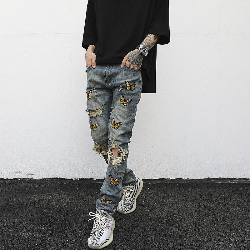 Mens Jeans High street Butterfly Embroidery Knee Ripped Hole casual Hip Hop Distressed Slim Fit Skinny Denim Pants Joggers 230420