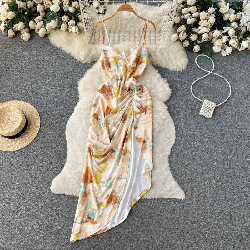 Casual Dresses Summer Resort Style Floral Pleated Backless Open Satin Irregular Halter Dress, Yellow
Casual Dresses Summer Resort Style Floral Pleated Backless Open Satin Irregular Halter Dress, Yellow