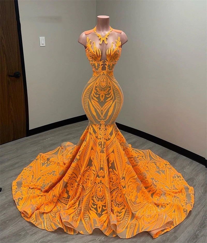 Orange Mermaid Prom Sparkly Dresses 2023 Sexy Glitter Sequins Birthday Graduation Homecoming Party Gowns Robe De Bal