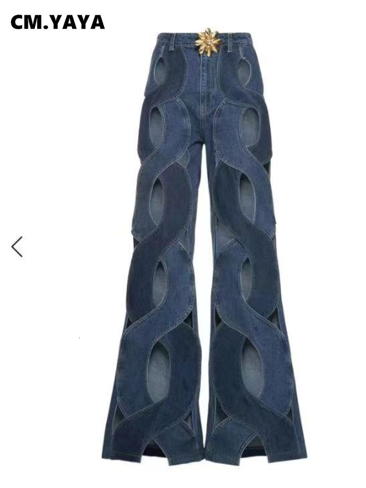 Women s Jeans CM YAYA Women Streetwear Cutout Hollow Out Criss Cross Straight Flare Denim Pants 2023 INS Fashion Wide Leg Trousers 230420