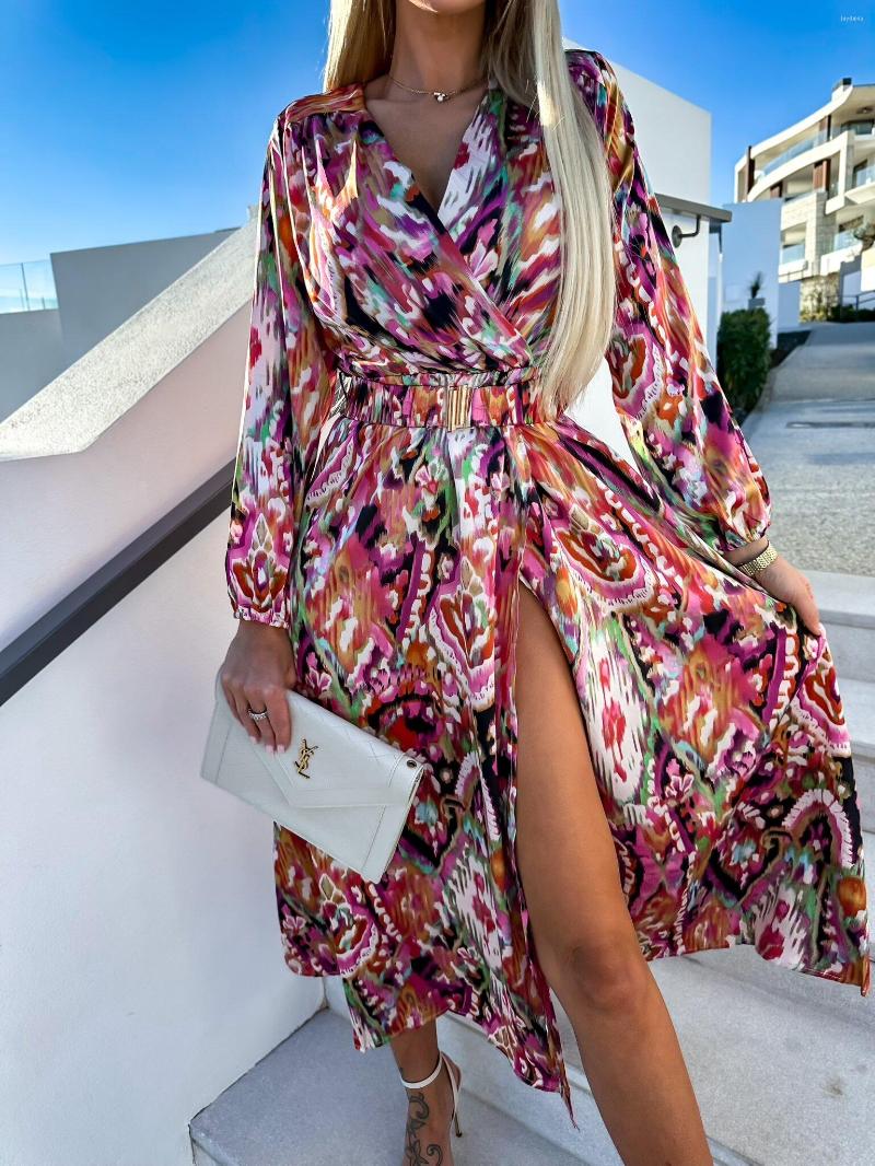 Casual Dresses Spring Autumn Fashion Printing Clothes Female Split Chiffon Dress Long Loose Bohemian Beach Lady Maxi