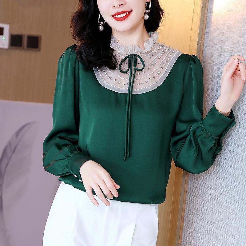 Women' Blouses Female Clothing Vintage Solid Color Drawstring Bow Shirt Fashion Stand Collar Spliced Ruffles Spring Autumn Chic Diamonds, Emerald green
Women' Blouses Female Clothing Vintage Solid Color Drawstring Bow Shirt Fashion Stand Collar Spliced Ruffles Spring Autumn Chic Diamonds, Emerald green