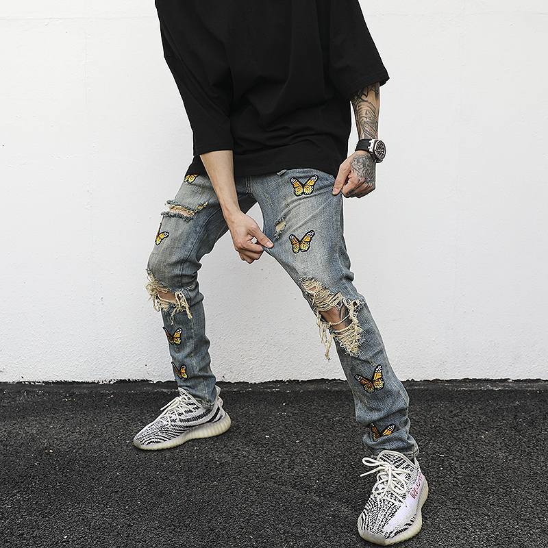 Mens Jeans High street Butterfly Embroidery Knee Ripped Hole casual Hip Hop Distressed Slim Fit Skinny Denim Pants Joggers 230420