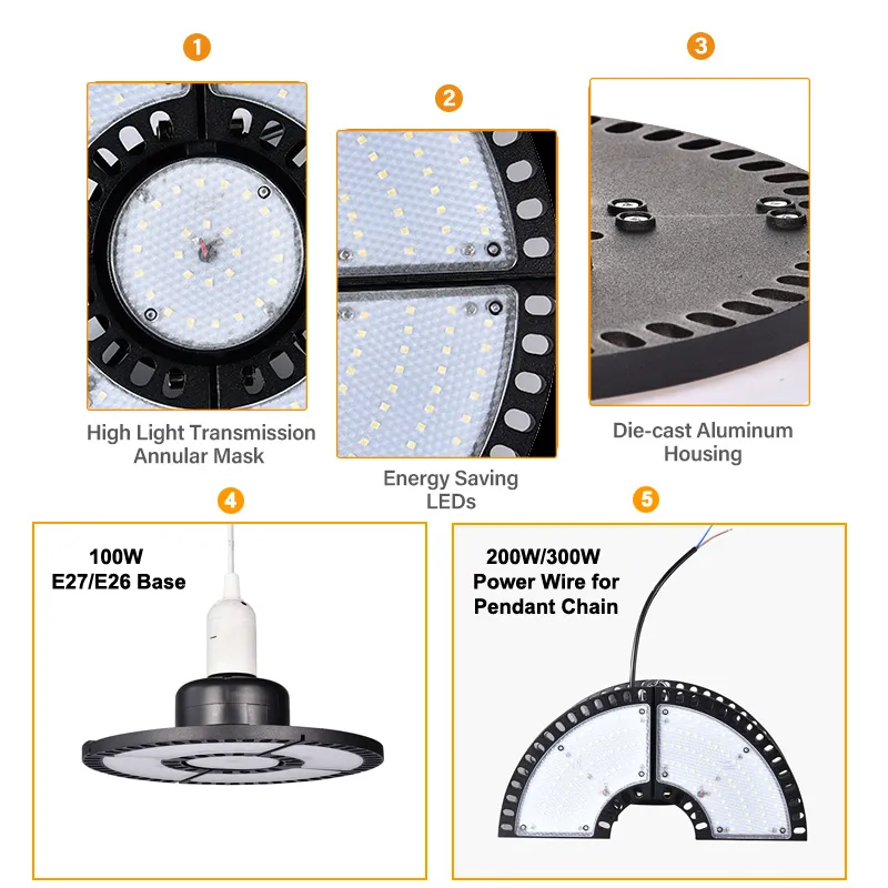 LED High Bay Light 300W 200W UFO 6500K Replacement Deformable Ultra-thin Mining Lamp Factory Warehouse Workshop Area Light crestech