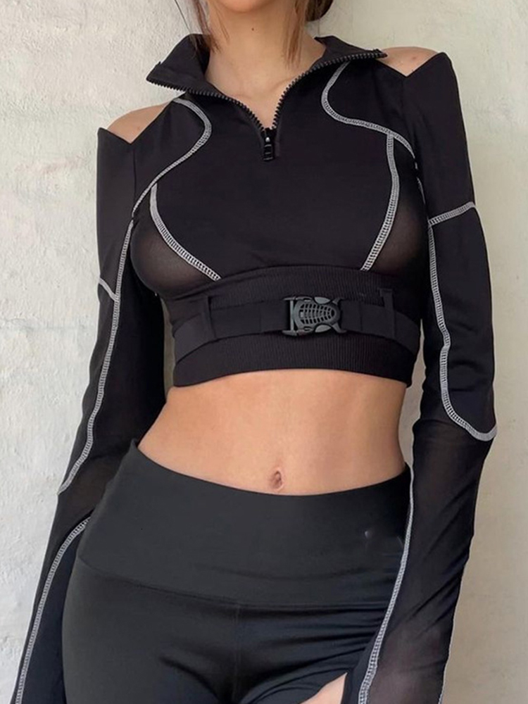 Women's T-Shirt Techwear Grunge Black Buckle Patchwork T-shirts Women Punk Sexy Open Shoulder Skinny Cropped Tops Hip Hop Streetwear 230419