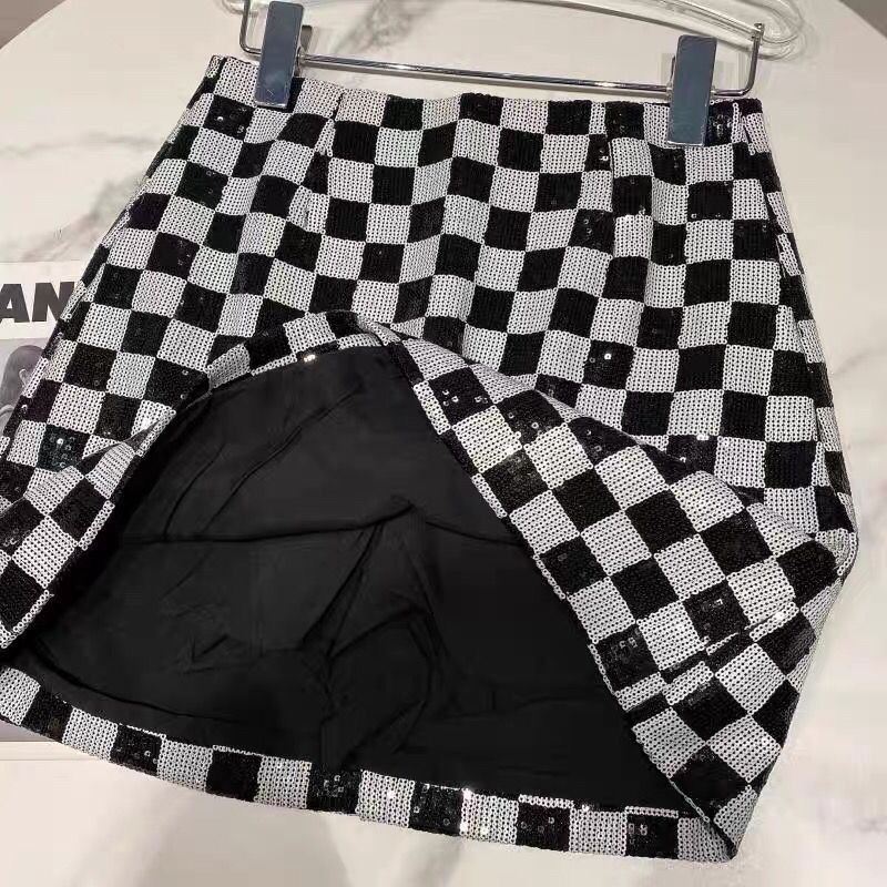 Skirts Spring Mini plaid Fashion Sequined white black Plaid 230420