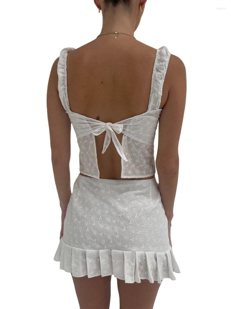 Women's Tanks Women Summer 2 Pieces Outfits Lace Flower Sleeveless Tie-Up Backless Sling Tank Tops Wrapped Hip Mini Pleated Skirts Set