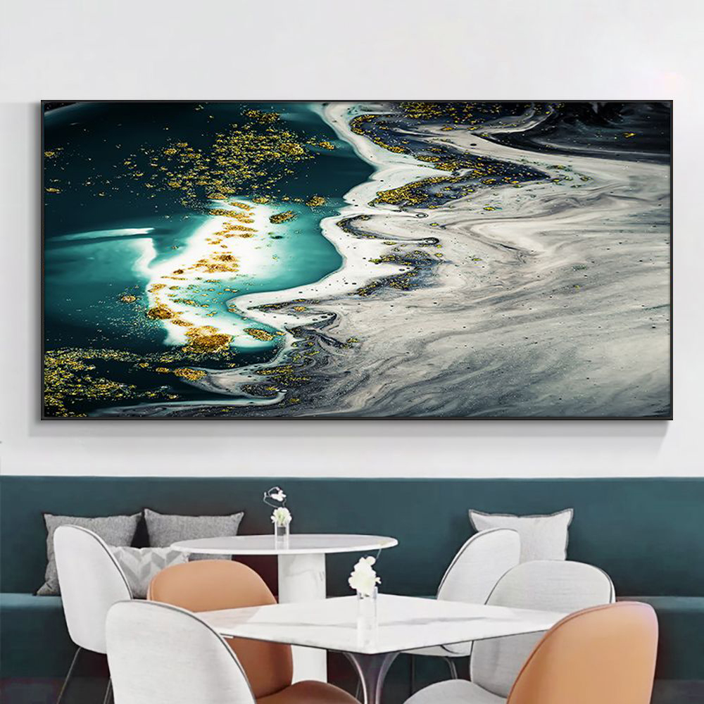 

Canvas Painting Abstract Blue Lake White Waves With Gold Modern Nordic Landscape Posters And Prints Wall Art For Home Decor