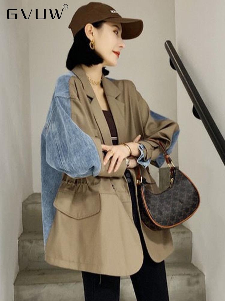 

Pants GVUW SPLICED DENIM DESIGN SENSE BLAZER WOMEN NOTCHED NECK LONG SLEEVE SUIT JACKETS 2022 ANTUMN NEW FASHION TIDE CLOTHES 20A3583, Khaki