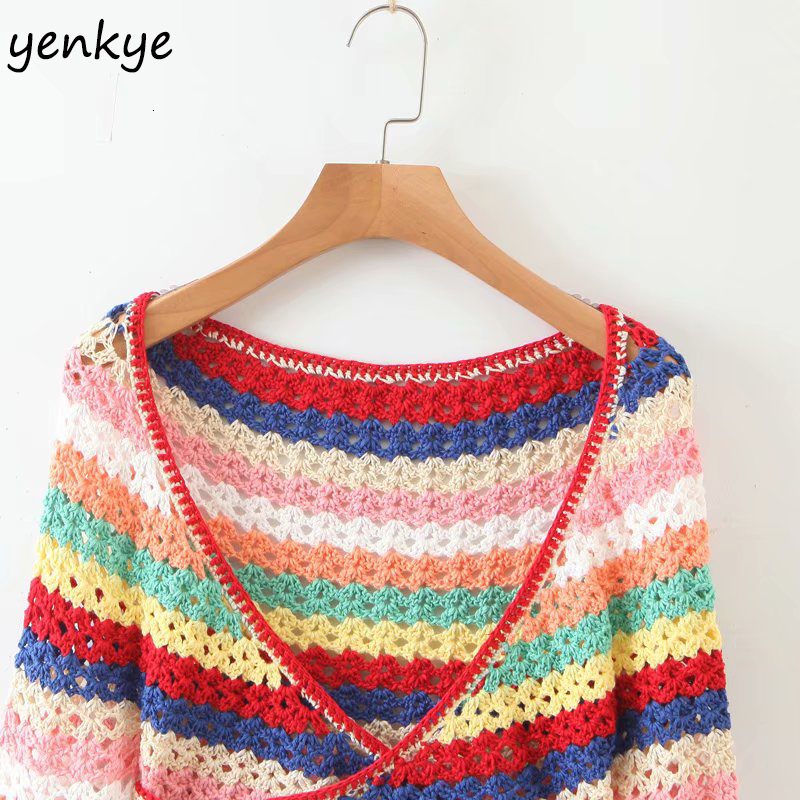 Men's Swimwear Multicolor Striped Crochet Crop Top Women Cross V Neck Short Sleeve Knit Sexy Wrap Femme Summer Boho s blusas LJPZ9279 230420