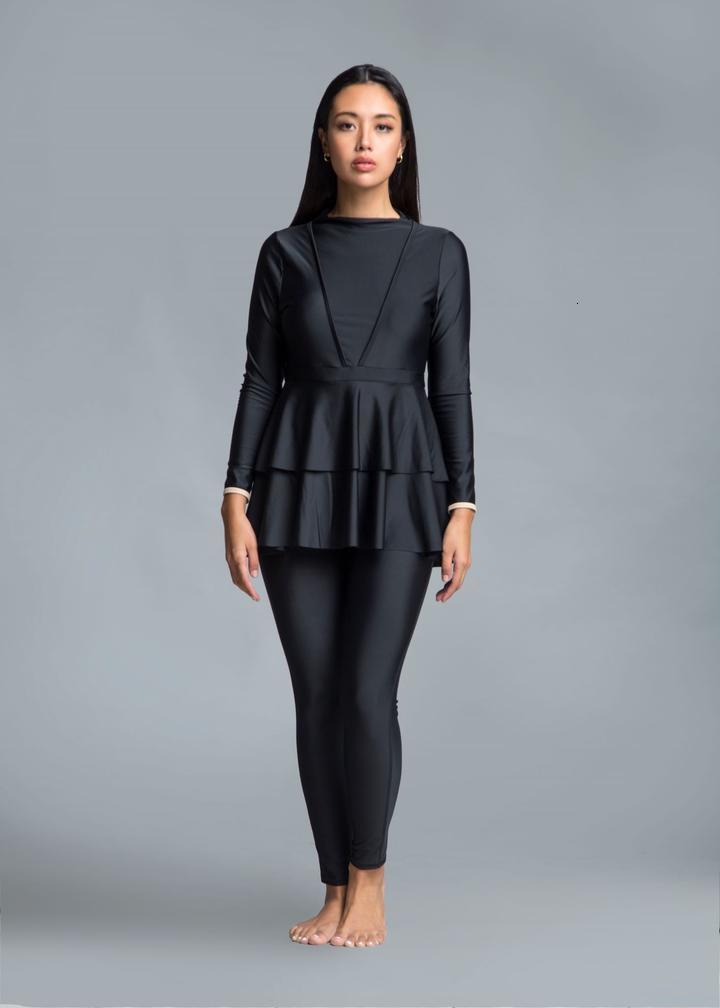 Swim Wear 3 Pieces Plus Size Muslim Swimwear Whole Black Ruffle Burkini With Bra Padding Swimsuit Maillot De Bain Femme 230420