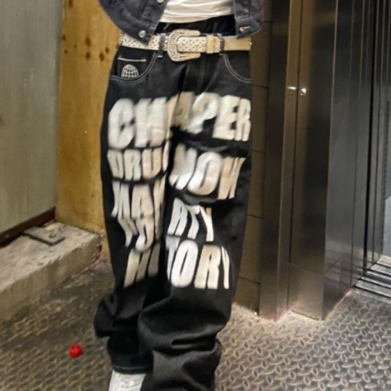 Mens Jeans Wide Leg Trousers Printed Streetwear Straight Hip Hop Letterprinted Pants Trend Fashion Punk Rock Loose 230420