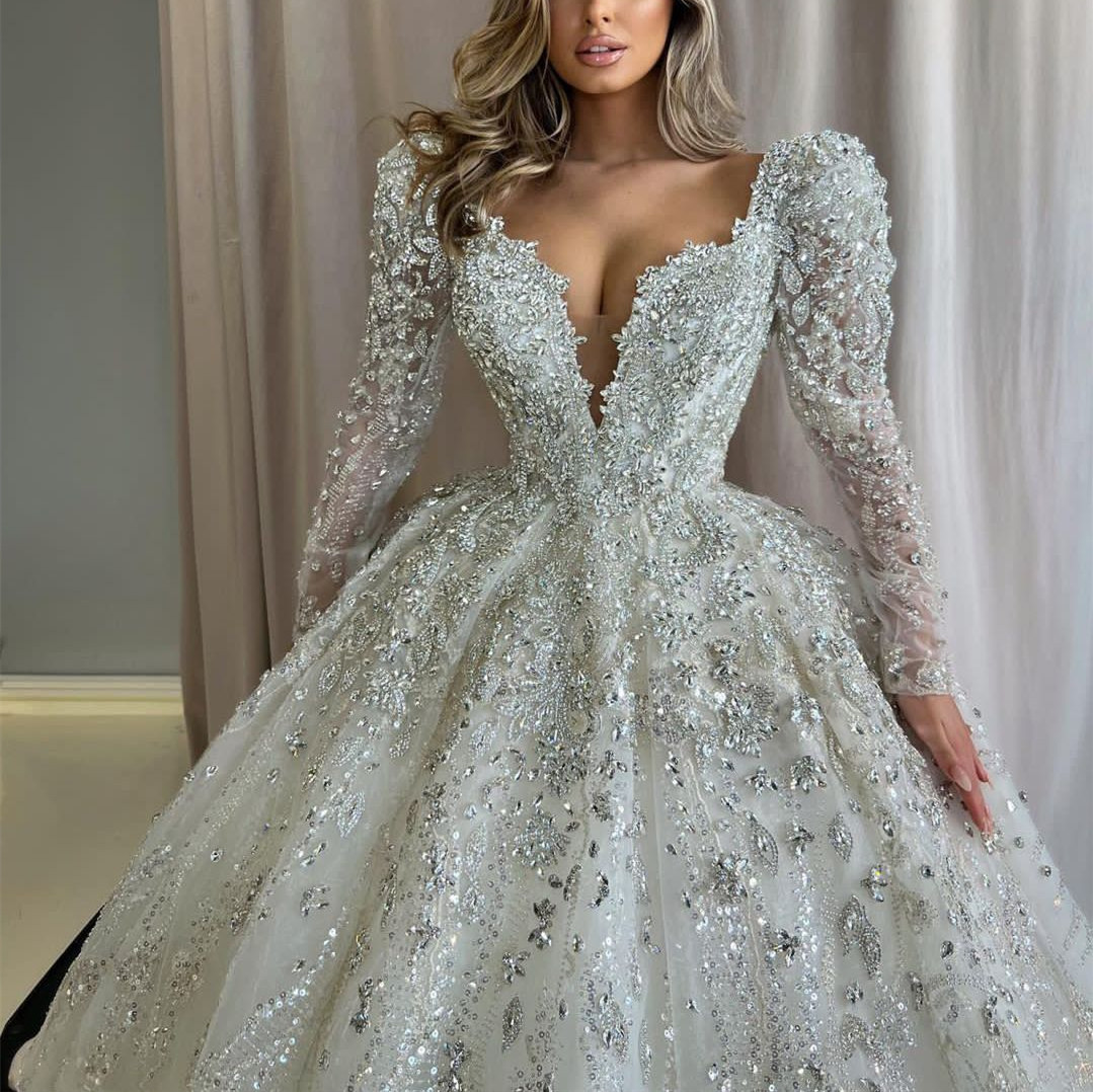 Luxury Ball Gown Wedding Dresses Long Sleeves V Neck Sequins Applique Lace Ruffles Bridal Gowns Diamonds Pearls Formal Dress Plus Size Custom Made Ves