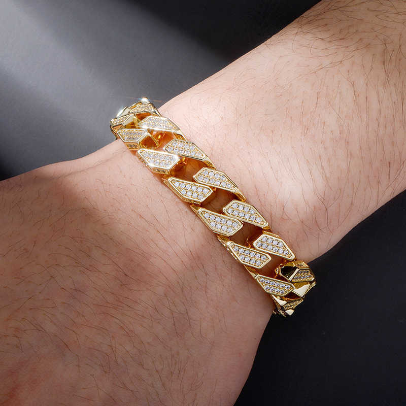 Gold High Quality Miami Cuban Chain Bracelet Bangle Spring Buckle Watch Style Mens Iced Out Cubic Zirconia Hip Hop Curb Link Chains Wristband For Men 