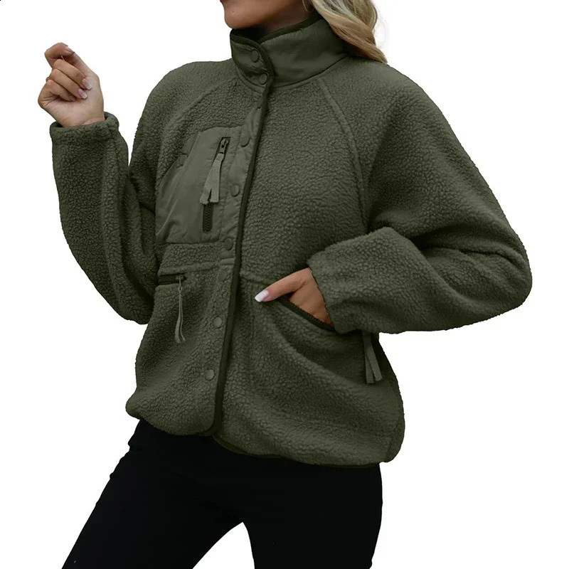 Womens Jackets Casual Autumn Winter Women Fleece Coat Vintage Solid Color Lapel Long Sleeve Stand Collar Tracksuit Top 231118