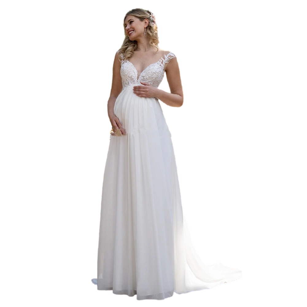 Chiffon Lace Pregnant a-line Wedding Dresses Backless Garden Country beach bohemian maternity Bride Bridal Gowns
