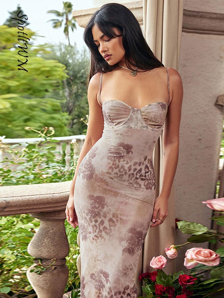 Casual Dresses Elegant Low Chest Print Spaghetti Strap Dress Evening Party Banquet Backless Maxi Dresswear Chic Female Floral Vestidos 230420