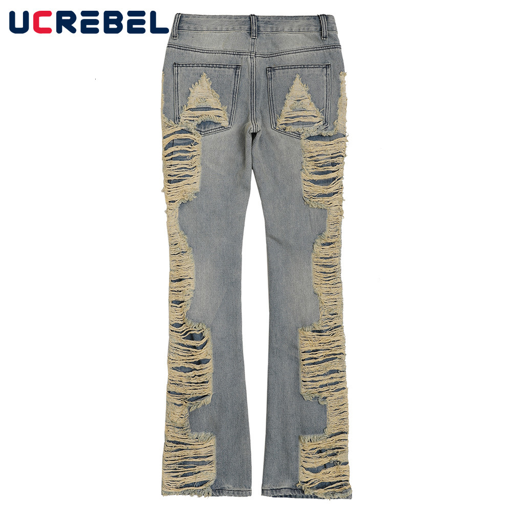 Mens Jeans Ripped Hole Denim Pants Streetwear Raw Edge Baggy High Street Casual Straightleg Men 230420