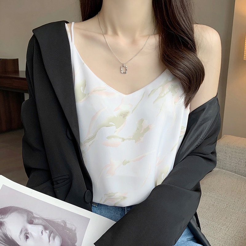 Camisoles Tanks Women Camisoles Summer Girl Sexy Sleeveless Camisole Vest Print Top All-match Base Tank Tops Female Chiffon V Neck Haut Femme 230420
