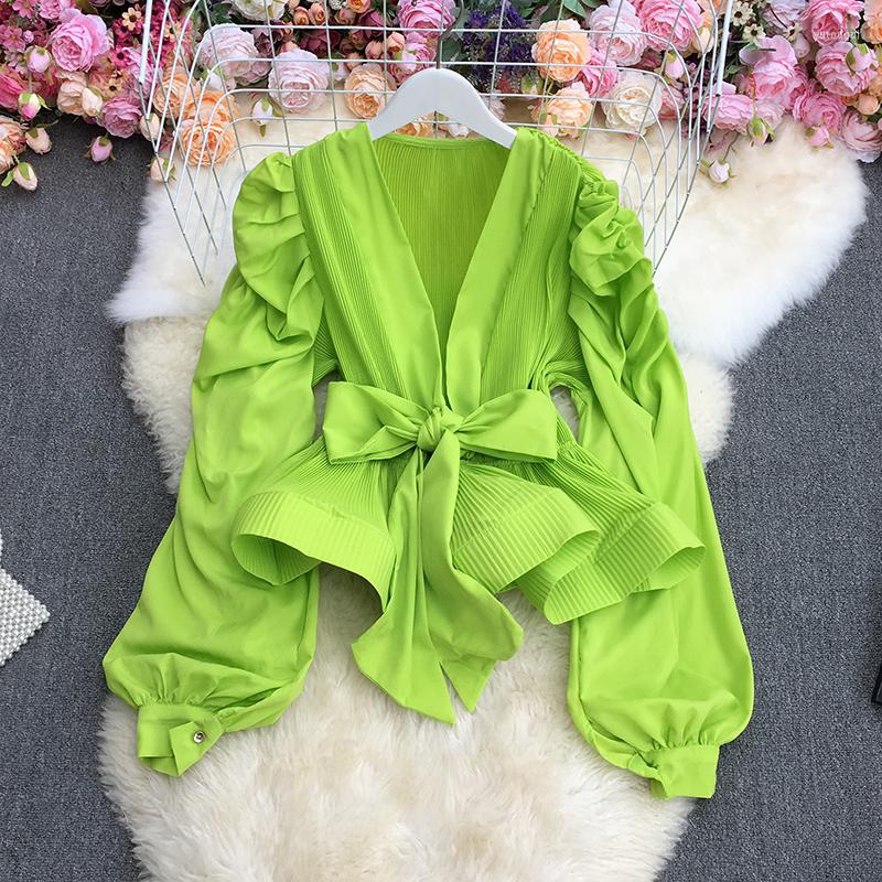 Women's Blouses Womens Tops And Bow Bandage Slim Waist Shirts Puff Long Sleeve Deep V-neck Ruffle Blusas Mujer De Moda, Green
Women's Blouses Womens Tops And Bow Bandage Slim Waist Shirts Puff Long Sleeve Deep V-neck Ruffle Blusas Mujer De Moda, Green
