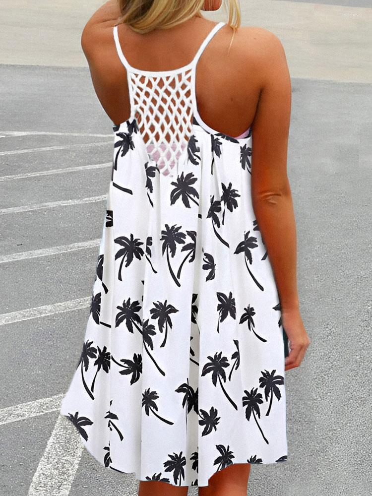 

Casual Dresses Women's Summer Beach Spaghetti Strap Mini Dress Loose Coconut Tree Print Criss-Cross Short Sundress Hollow Out Cami 2023