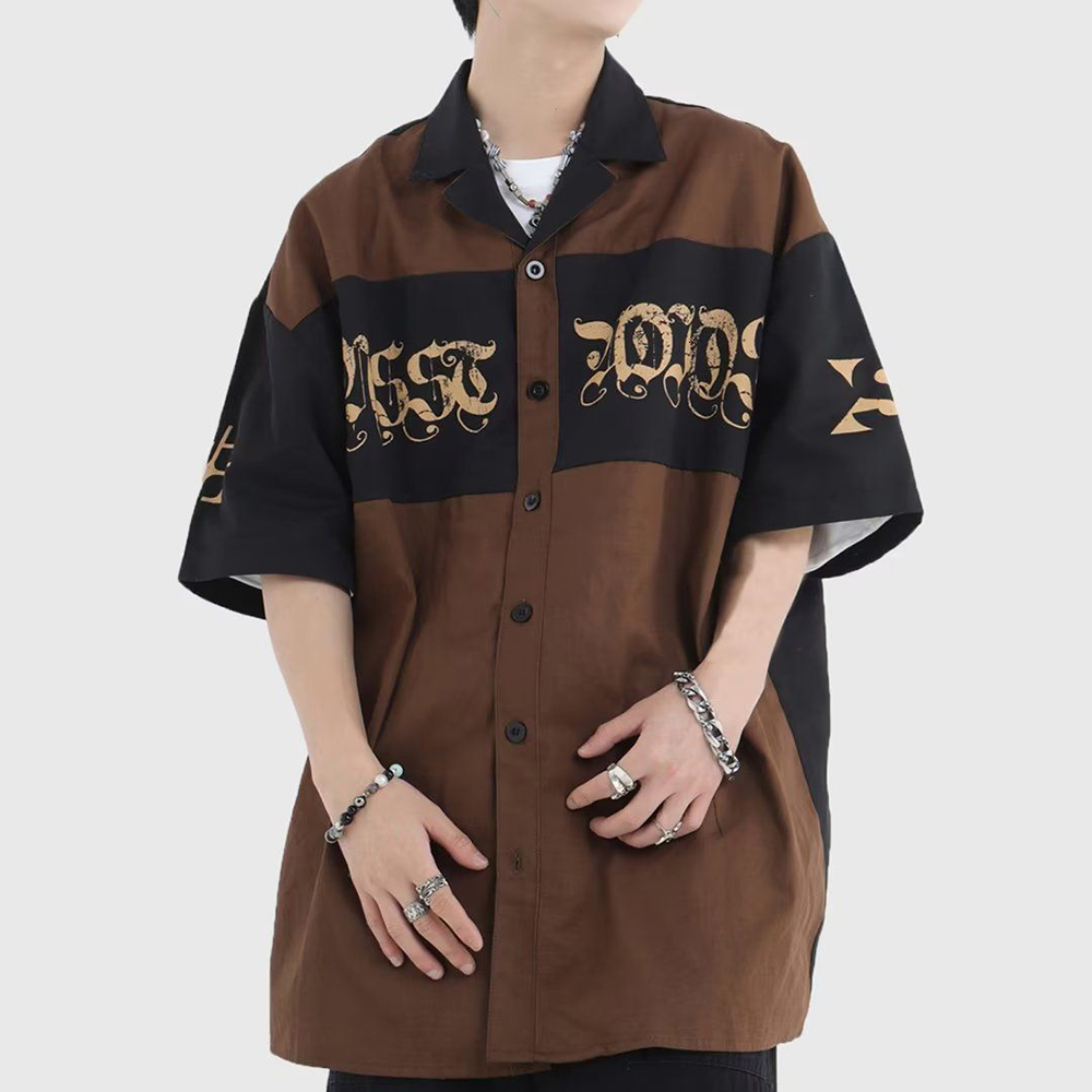 Men's Casual Shirts Summer Hiphop Y2K Lapel 2023 Fashion Color Contrast Splicing Tooling Loose Shortsleeved Top Clothing 230420