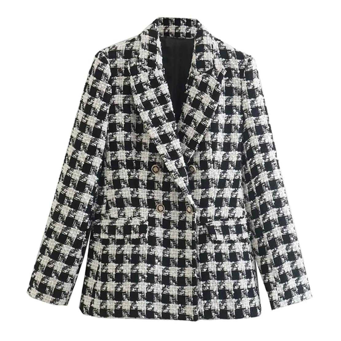 Pants Maxdutti Casual Blazers Women England Style Fashion Houndstooth PlaidDouble Breasted Woolen Jacket, Plaid