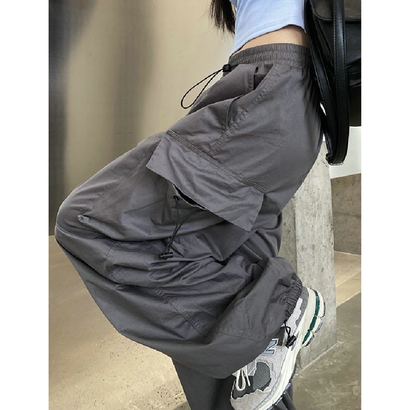 Women's Pants Cargo High Waist Vintage Grey Loose Streetwear Baggy Jeans Retro Sporty Pockets Wide Leg Y2K Denim Trousers 230419
