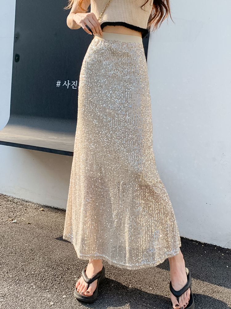 Skirts Fashion Shiny Sequin Elastic High Waist Slim Mermaid Spring Summer ALine Wrap Hip 230420