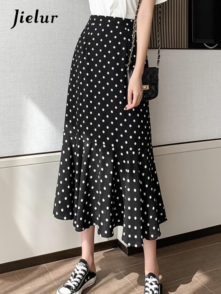 Skirts Jielur Summer Dot Trumpet Women's Elastic Waist Slim Chiffon Elegant Female Midi Skirt Slight Stretch Casual Streetwear 230420