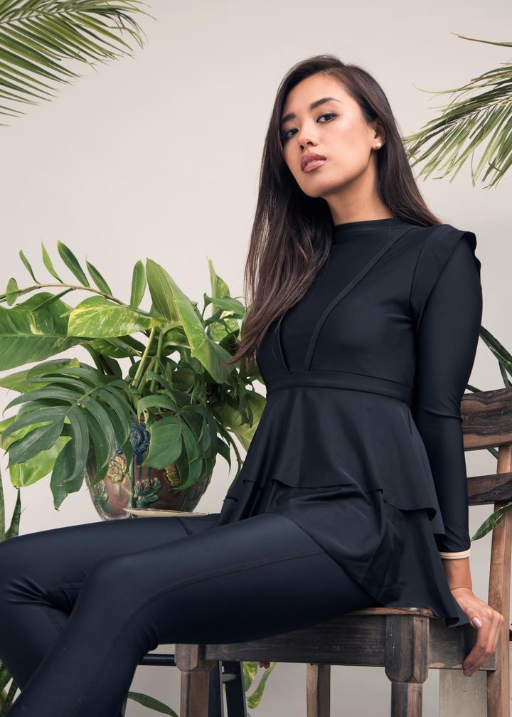 Swim Wear 3 Pieces Plus Size Muslim Swimwear Whole Black Ruffle Burkini With Bra Padding Swimsuit Maillot De Bain Femme 230420