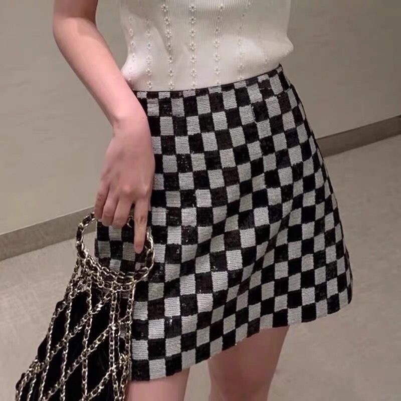 Skirts Spring Mini plaid Fashion Sequined white black Plaid 230420