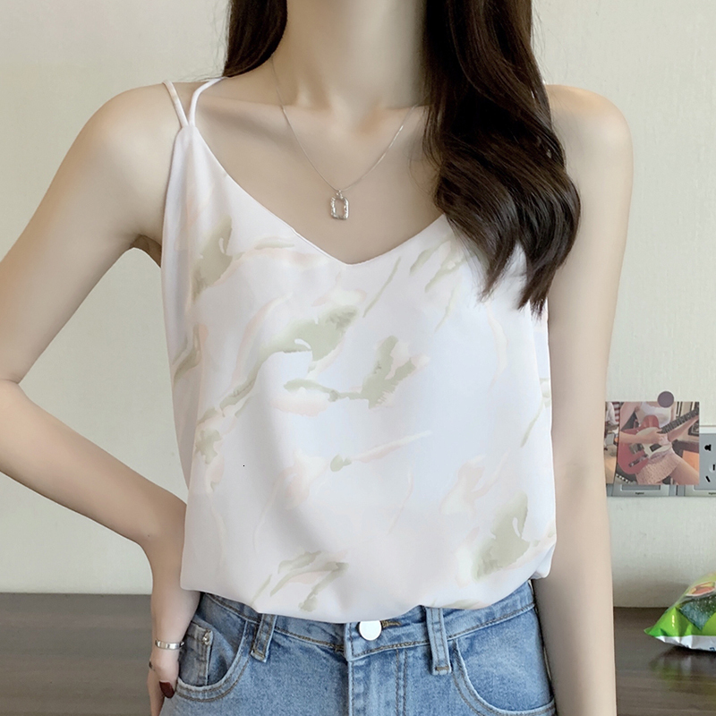 Camisoles Tanks Women Camisoles Summer Girl Sexy Sleeveless Camisole Vest Print Top All-match Base Tank Tops Female Chiffon V Neck Haut Femme 230420