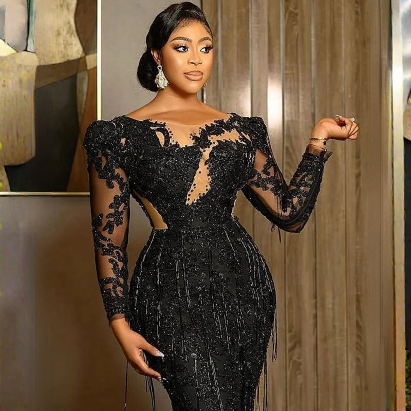 2023 Plus Size Lastest Aso Ebi Prom Dresses Long Tulle Lace Sleeves Mermaid Black Beading African Nigeria Glitter Evening Dress Second Reception Gowns