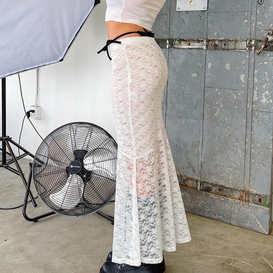 Skirt's Y2K Skirt Summer Sexy Lace Hollow Out Skirts Fashion Streetwear Club Party See Through Wrapped Long 230420