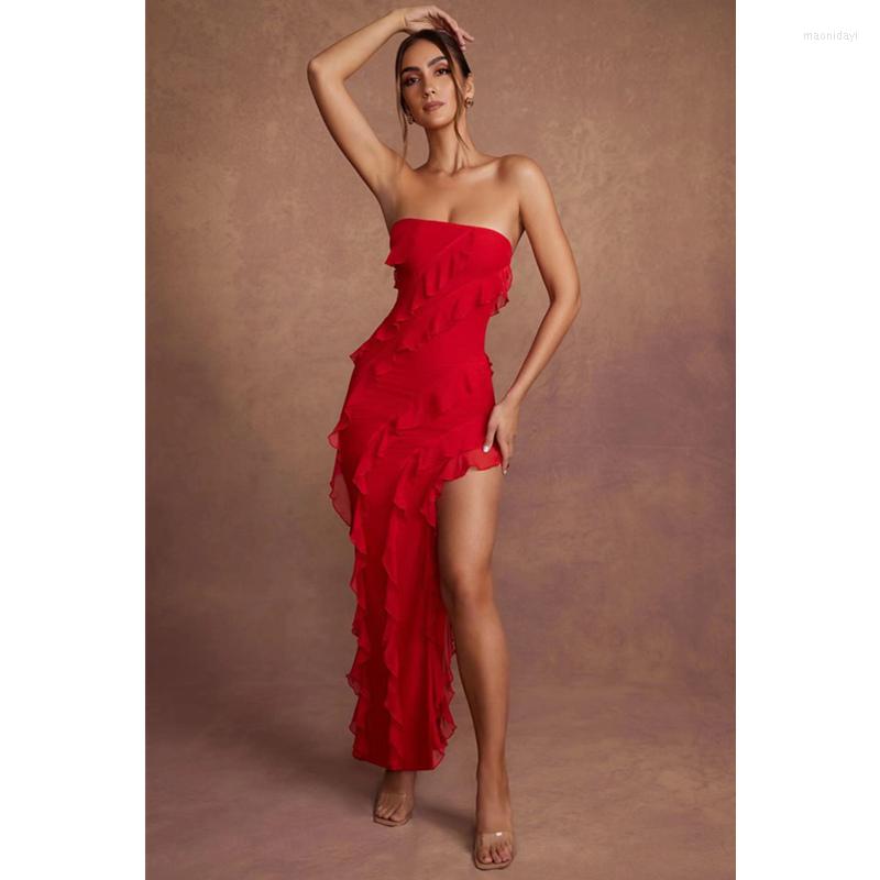 

Casual Dresses Fashion Women Sexy Strapless Ruffle Bodycon Cocktail Dress Elegant Off Shoulder High Waist Corset Slit Party Evening, Red