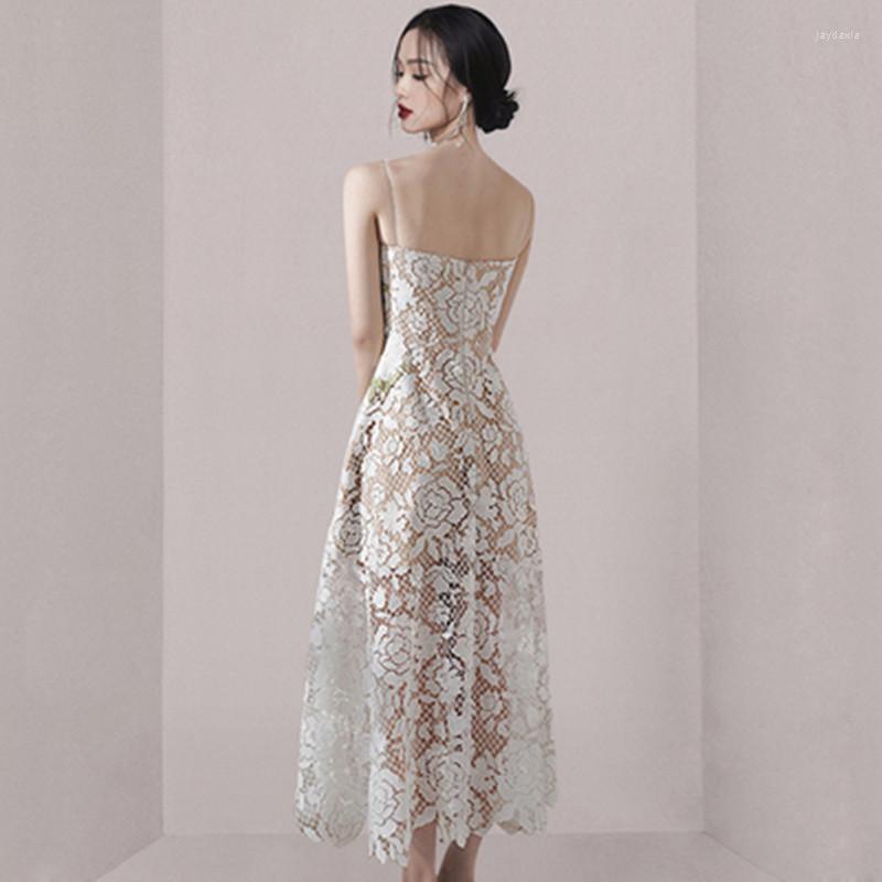 Casual Dresses Summer Temperament Suspender V-Neck Long Dress Women Fashion Patchwork Embroidered Lace Vestidos