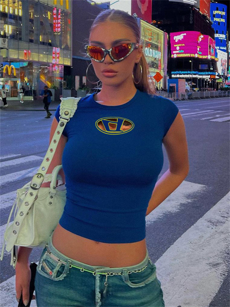 Womens TShirt Akaily Summer Street Graphics Blue Tops For Women O Neck Sleeveless Print Y2K Crop Fashion Bodycon Black Tee Shirts 230420