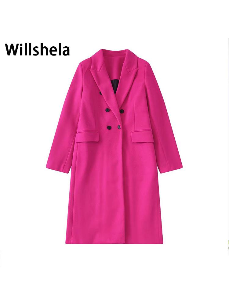 

Fur Willshela Women Fashion With Pockets Solid Double Breasted Coats Vintage Notched Neck Long Sleeves Female Chic Lady Outwear, Fuchsia