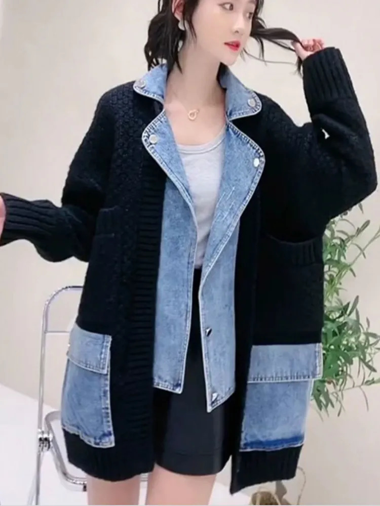 Men's Jackets Jackets for Women Lapel Panels Denim Jacket Women Coats Loose Thick Sweater Knitted Cardigan Top Women Clothing Knitwears 231120