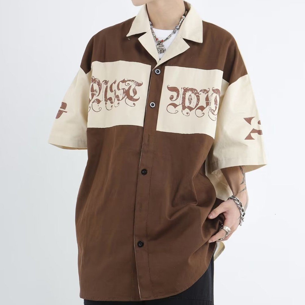 Men's Casual Shirts Summer Hiphop Y2K Lapel 2023 Fashion Color Contrast Splicing Tooling Loose Shortsleeved Top Clothing 230420