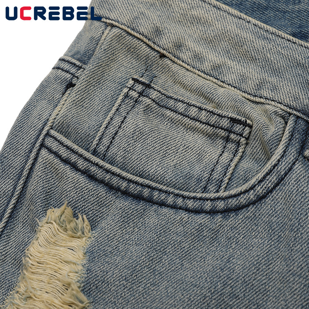 Mens Jeans Ripped Hole Denim Pants Streetwear Raw Edge Baggy High Street Casual Straightleg Men 230420