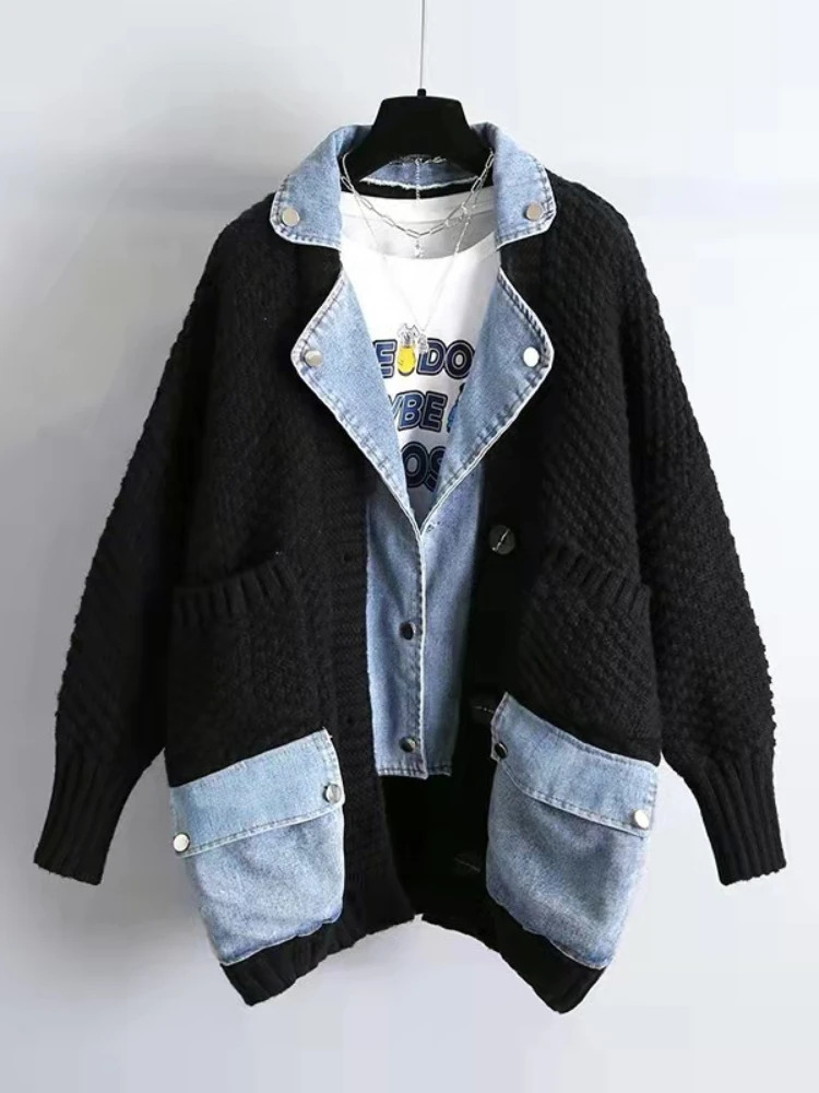 Men's Jackets Jackets for Women Lapel Panels Denim Jacket Women Coats Loose Thick Sweater Knitted Cardigan Top Women Clothing Knitwears 231120