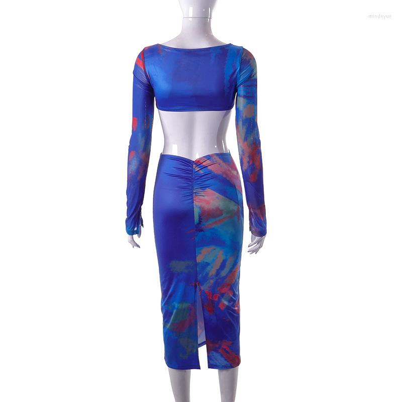 Casual Dresses Blue Print Mid-calf Cut Out Mesh For Women Fashion Elegant O-neck Long Sleeve High Waist Bodycon Night Club Party Dress