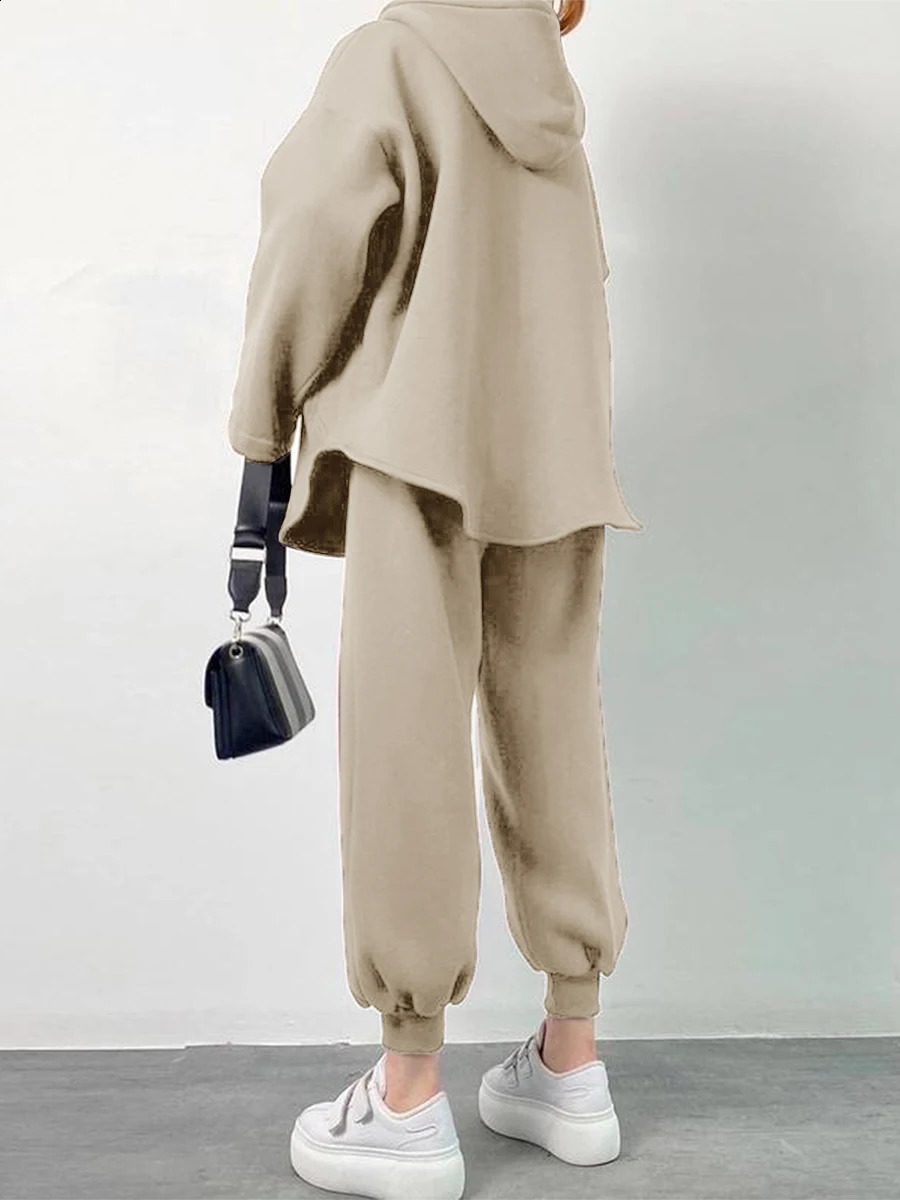 Women's Two Piece Pant 2 Pieces Sporty Tracksuits Fall Winter Solid Color Loose Long Sleeve Zipper Hoodies Sweatshirts and Joggers Pants Outfits 