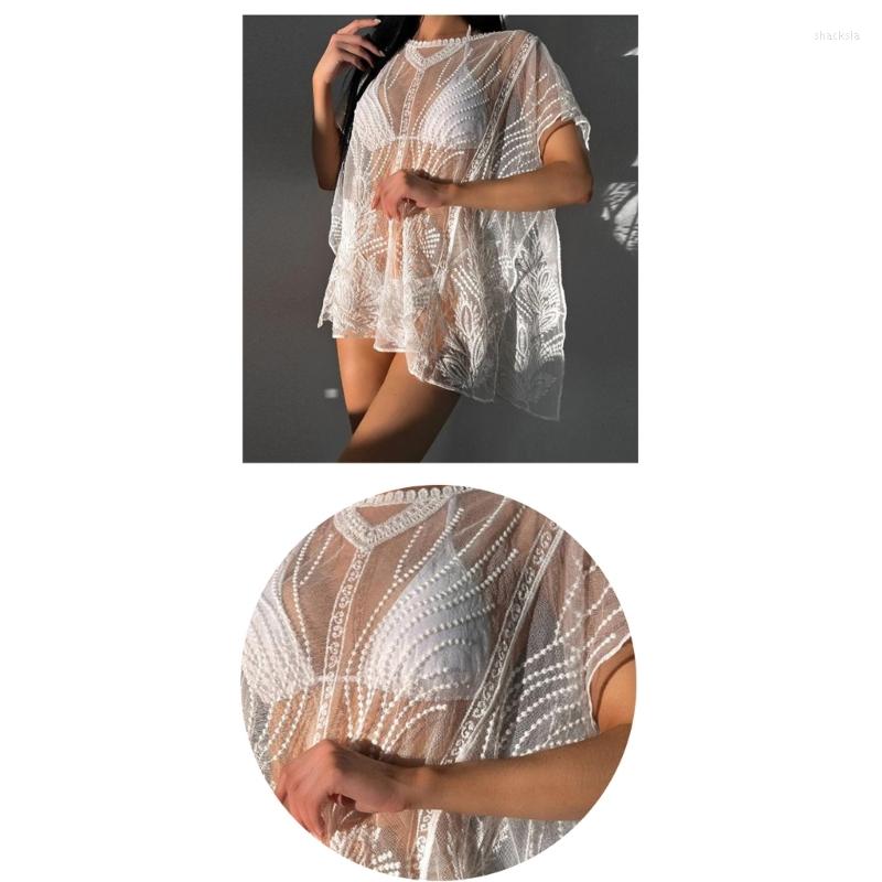 Women' Swimwear H58D Women Beach-Cover Up Mini Beach-Dress Short Sleeves Swimsuit Cover For Summer, White 
Women' Swimwear H58D Women Beach-Cover Up Mini Beach-Dress Short Sleeves Swimsuit Cover For Summer, White