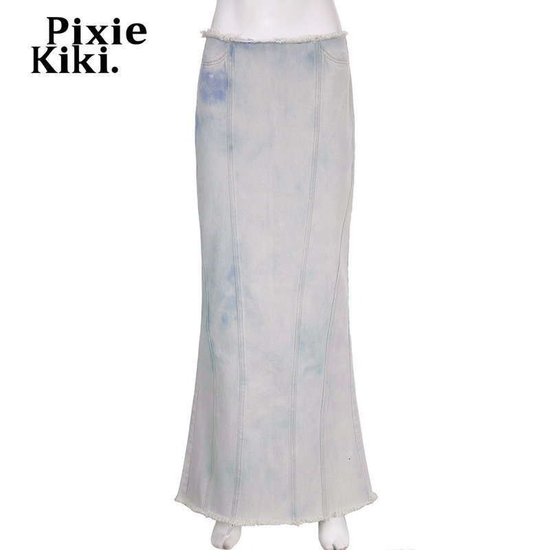 Skirts PixieKiki Tie Dye Blue Jean Skirt Y2k Streetwear Winter Fashion Sexy Low Waist Slit Long for Women Denim Bottoms P77DI50 230420